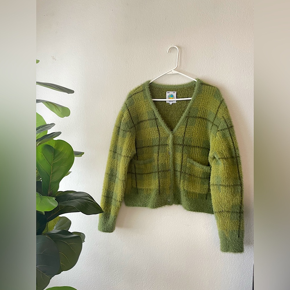 UNIF Green Plaid Cardigan Sweater Women’s Size Small - Picture 9 of 9
